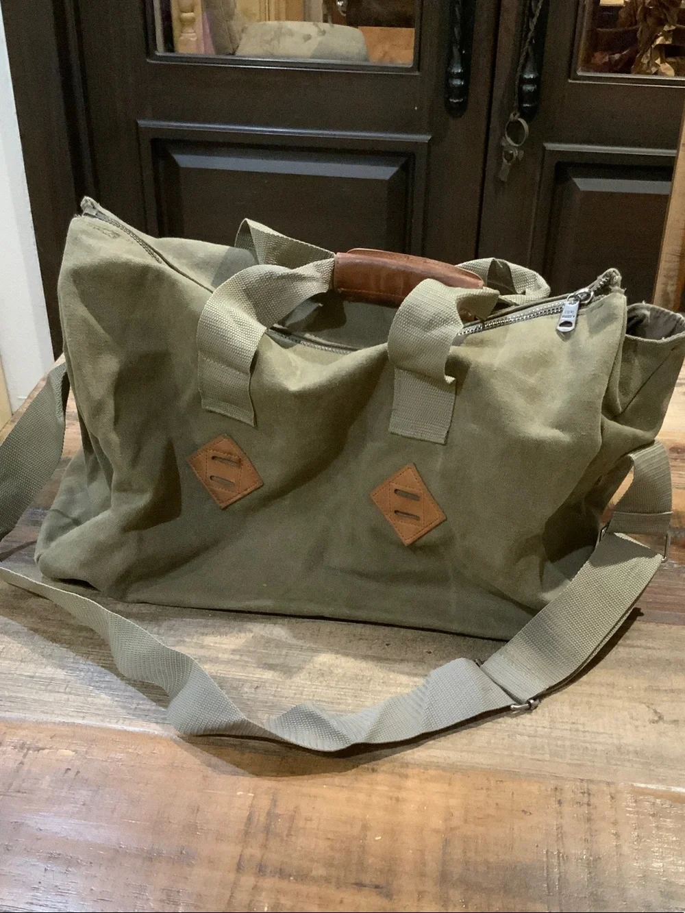 Steve Madden Olive Green Canvas Duffel with Camo Front Pocket